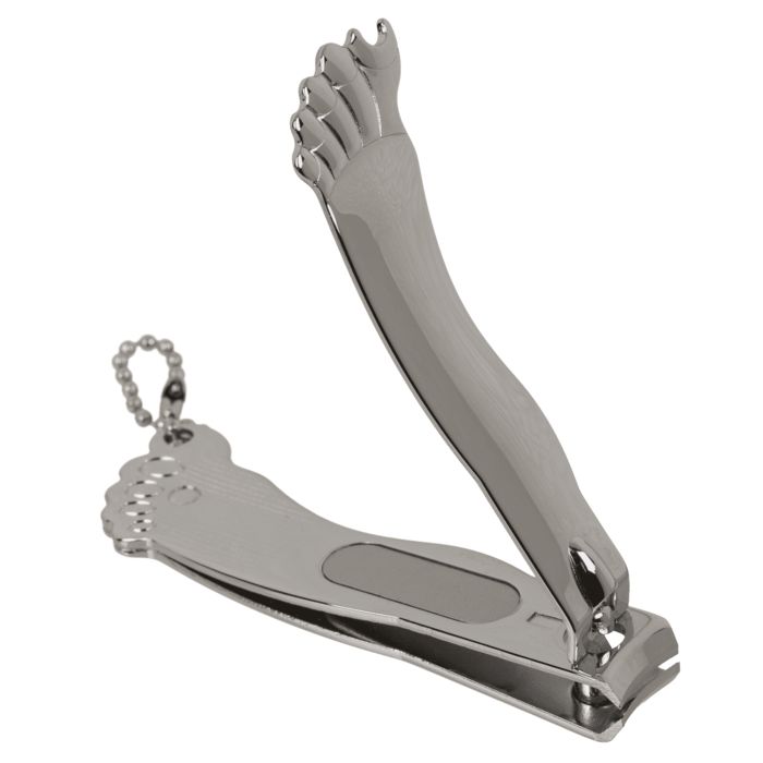 Coupe-ongles en forme de pied, argenté. Avec chaîne. Ouvert.