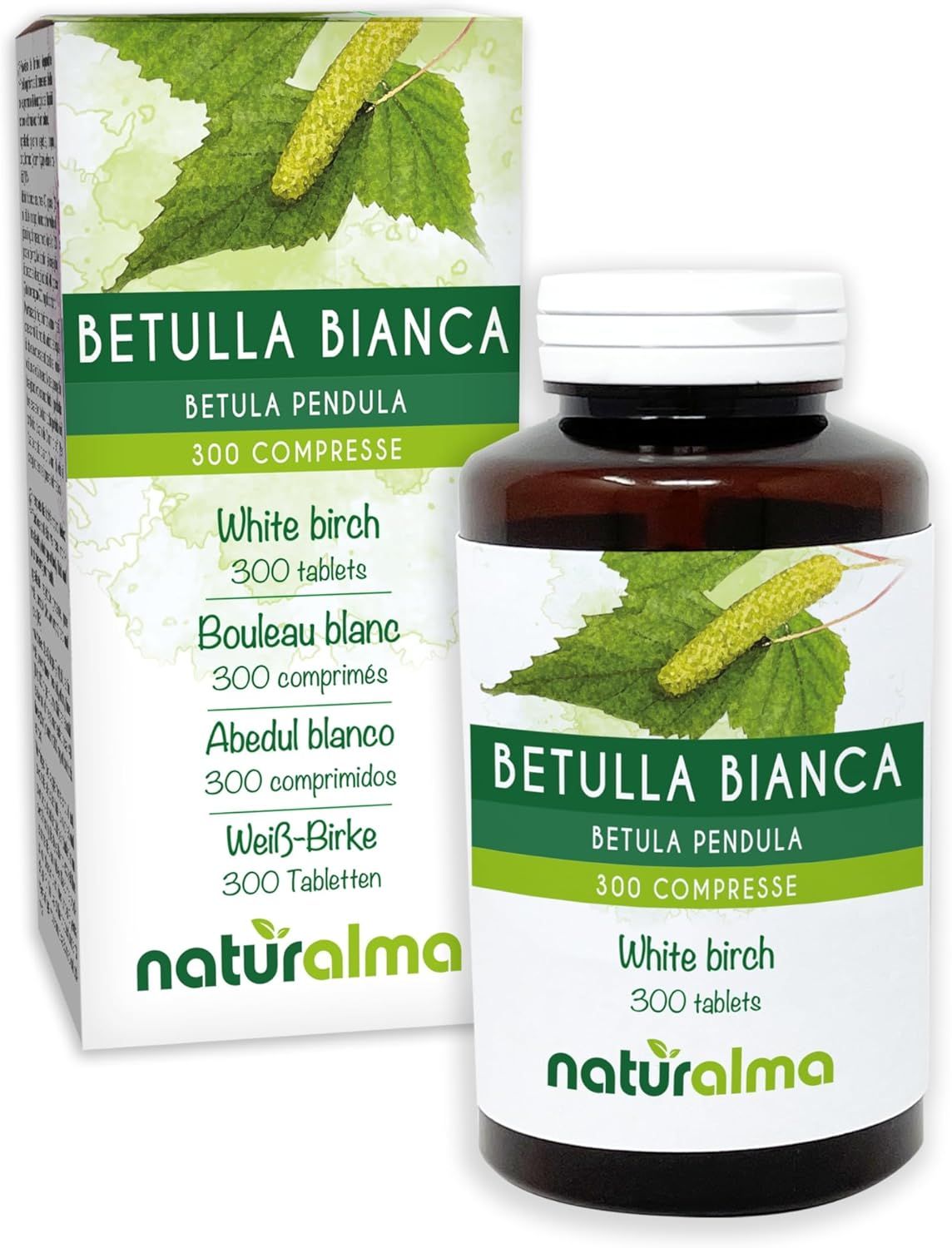Emballage du produit avec flacon de comprimés. Inscription : Betulla Bianca, 300 comprimés, Bouleau blanc, logo Naturalma.