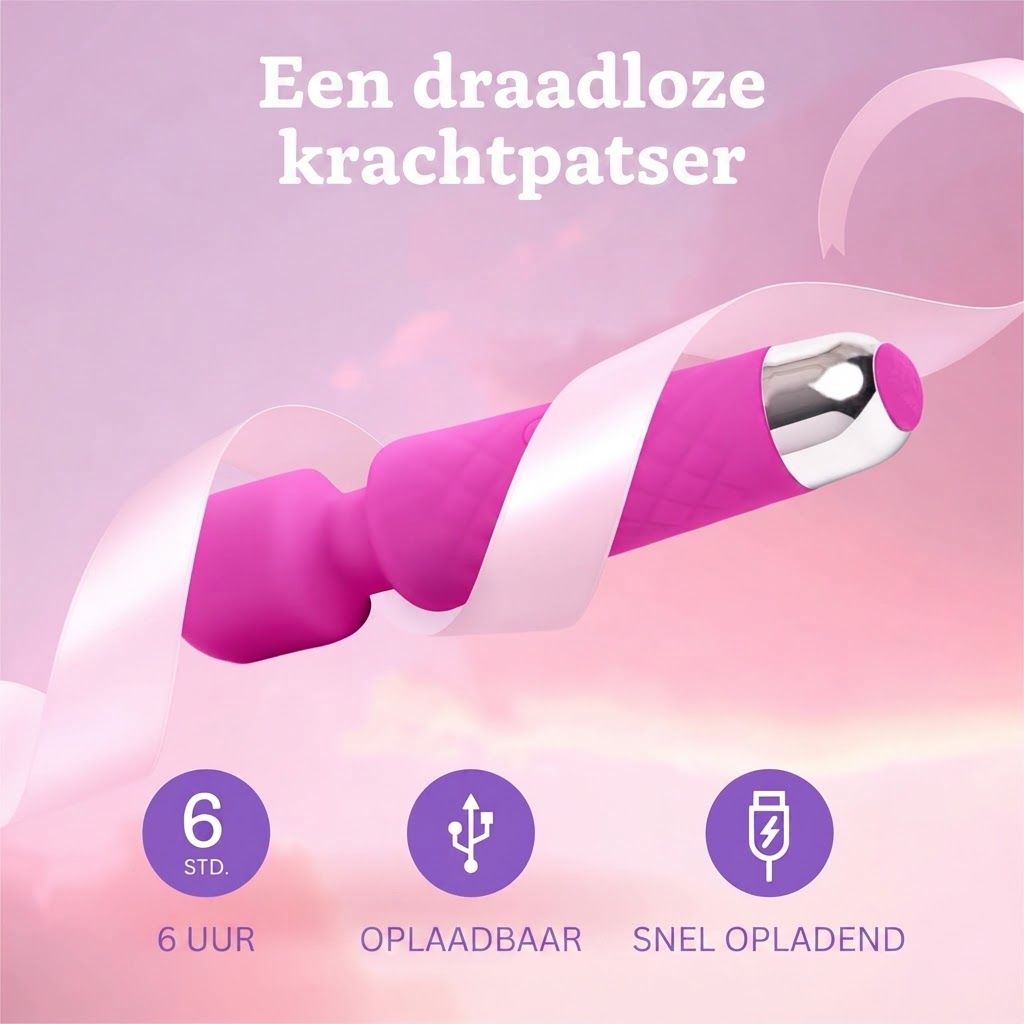 Roze vibrator met geribbeld patroon en zilveren punt. Oplaadbaar, 6 uur batterijduur.