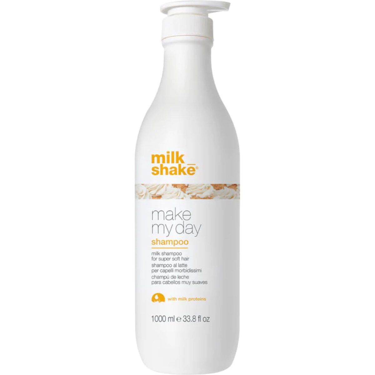 Flacon pompe blanc du shampooing milk_shake Make My Day avec texte.