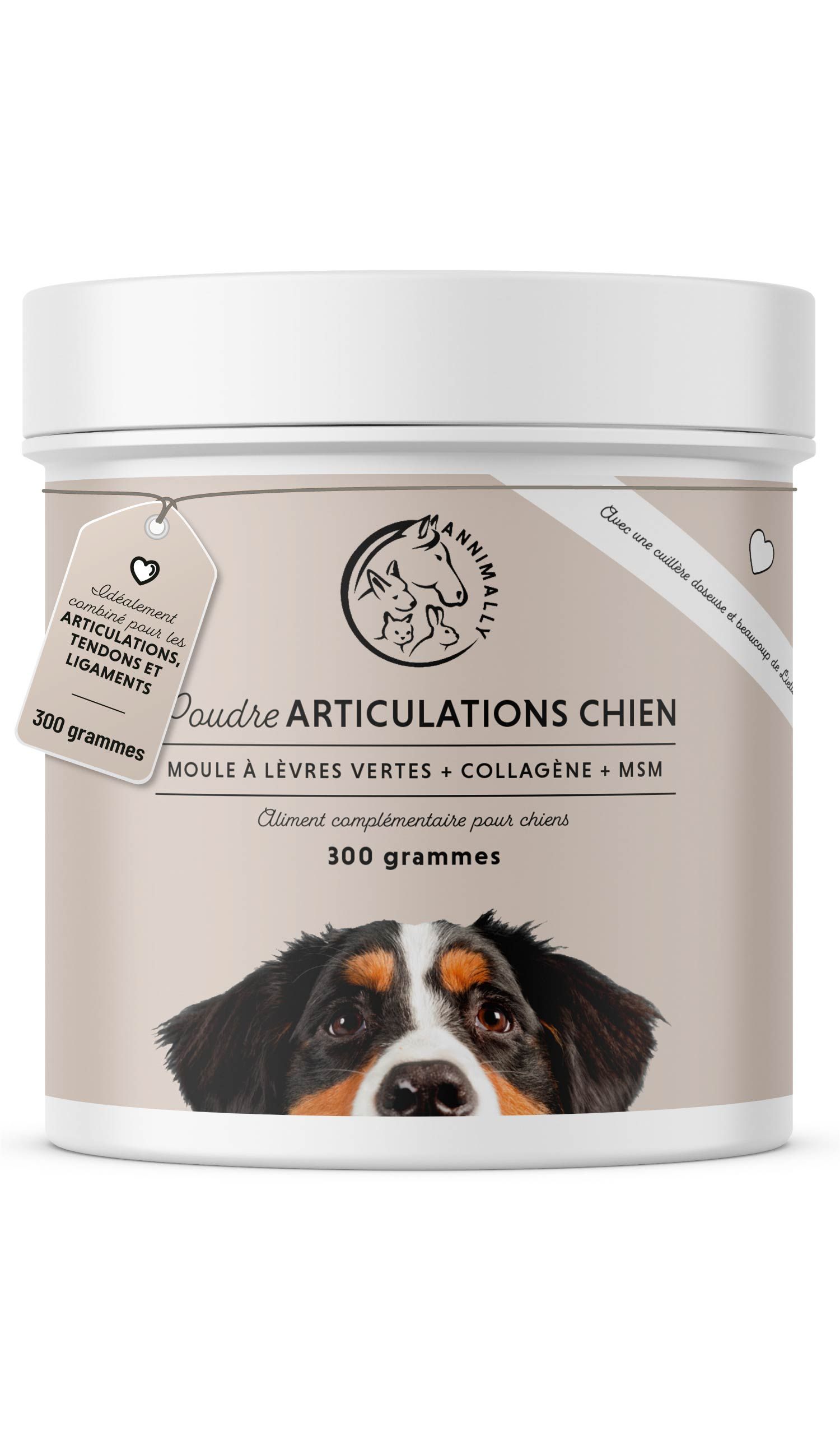 Pot Annimally Gelenkpulver. Inscription : Poudre Articulations Chien, Moule à lèvres vertes + collagène + MSM. 300 g.