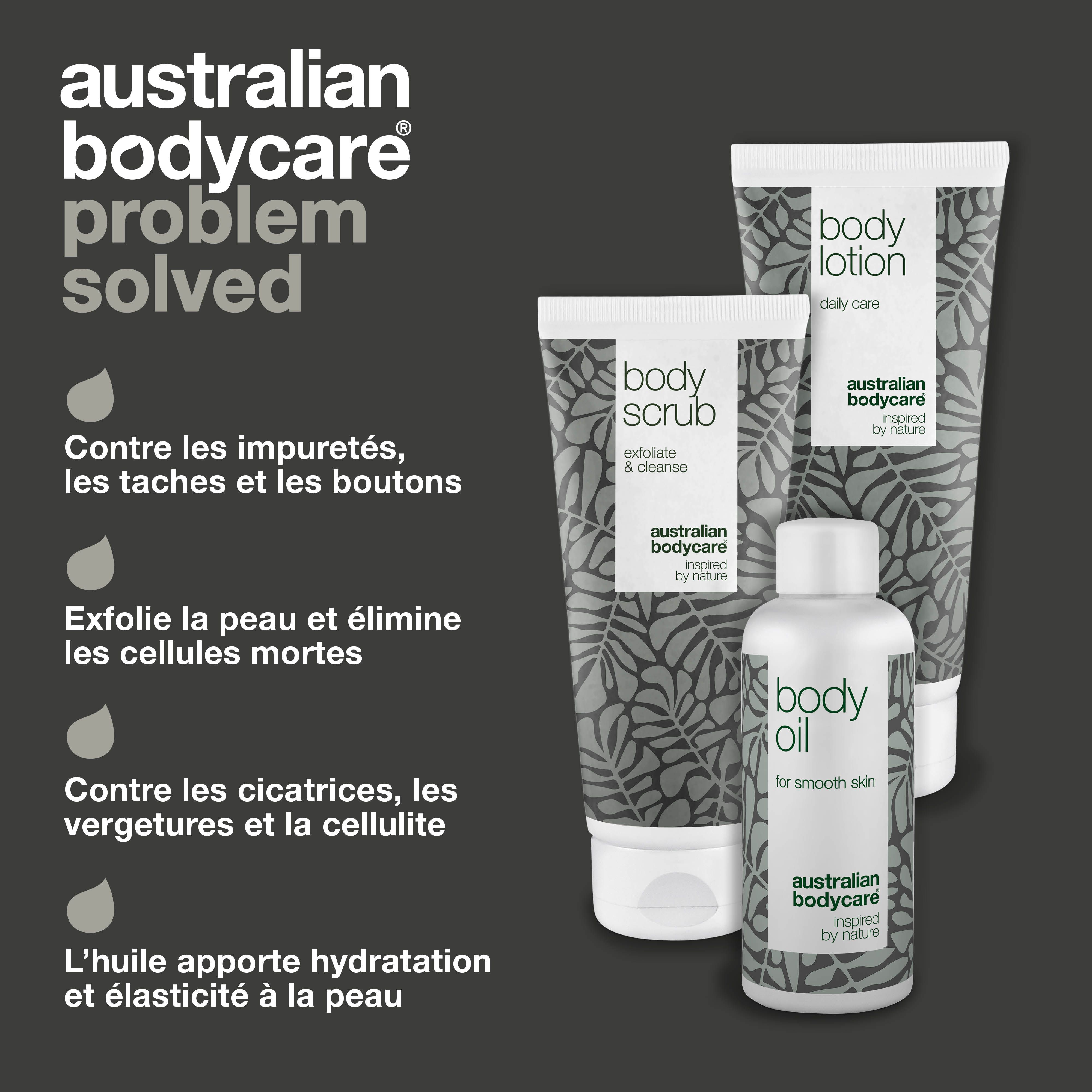 Produits : Body Lotion, Body Scrub, Body Oil. Tubes et flacon blancs avec motifs de feuilles grises. Texte : Australian Bodycare.