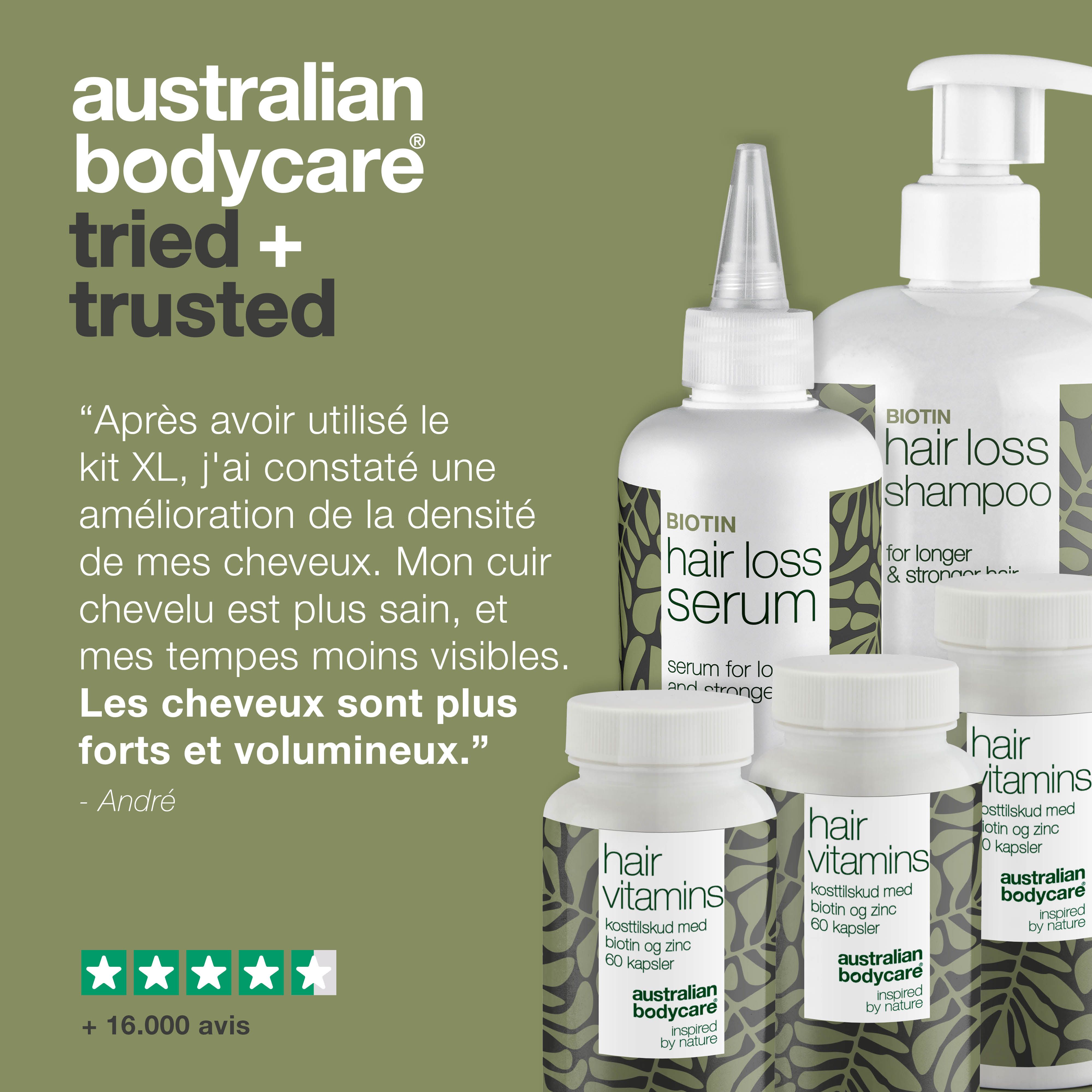 Produits. Inscription : Hair Loss Serum, Hair Loss Shampoo, Hair Vitamins. Marque : Australian Bodycare. Texte : Why Australian Bodycare ?