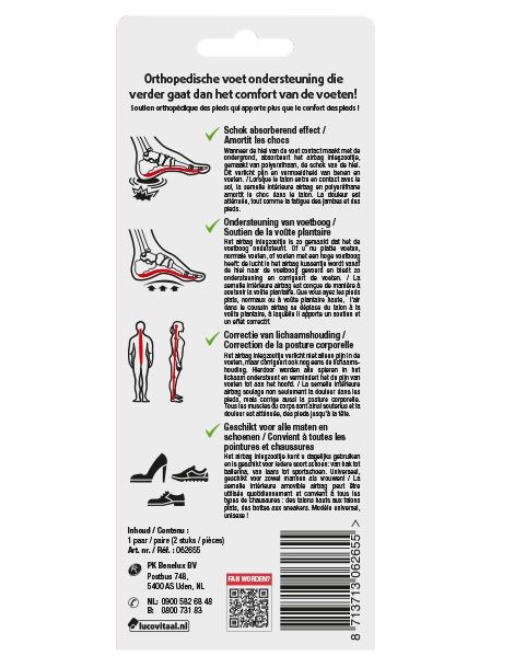 Dos de l'emballage avec informations sur le produit. Texte en néerlandais. Illustrations de pieds et de corps.