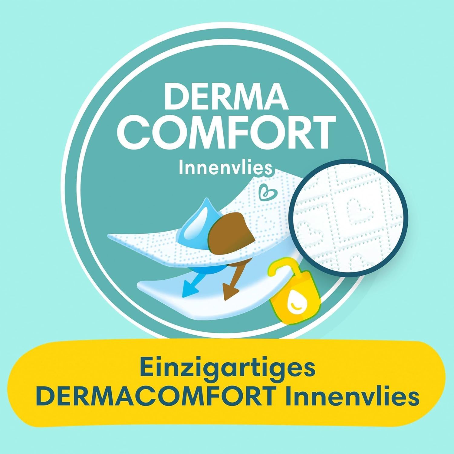 Technologie de voile intérieur Derma Comfort Pampers pour la protection de la peau. L'humidité est absorbée.
