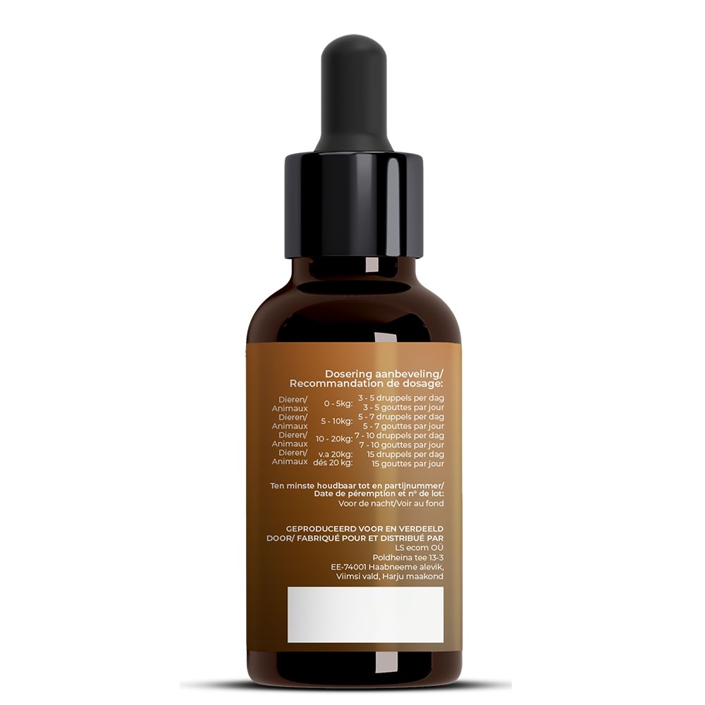 Dos du flacon en verre brun. Contient des informations sur la recommandation de dosage.