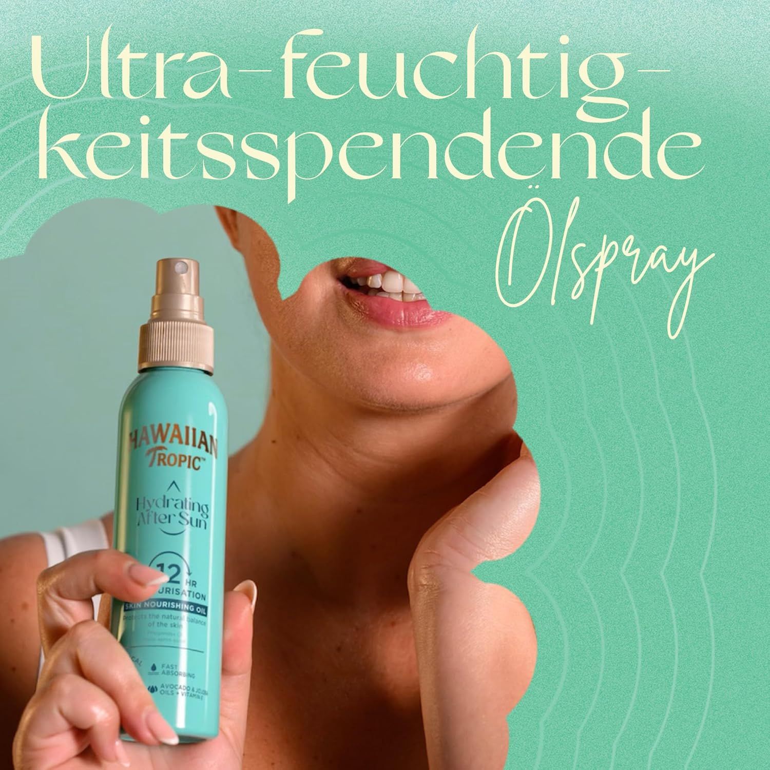 Femme tenant un flacon pulvérisateur. Texte: Huile spray ultra-hydratante. Hawaiian Tropic, Hydrating After Sun, 12hr Moisturisation.