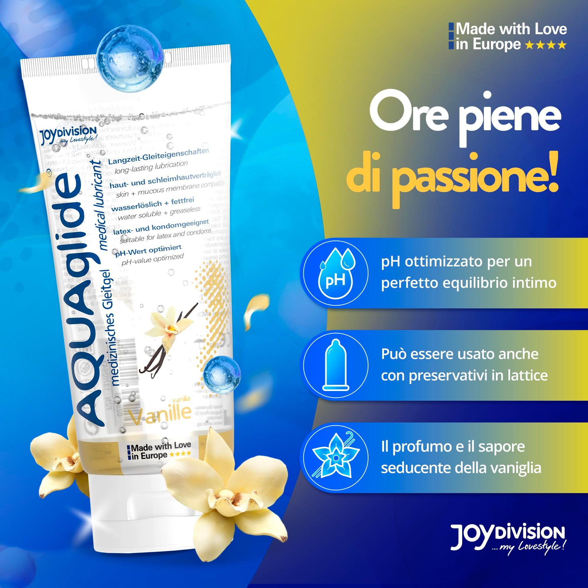 Tube de gel lubrifiant AQUAGLIDE Vanille avec icônes pour pH, compatibilité préservatifs et parfum vanille.