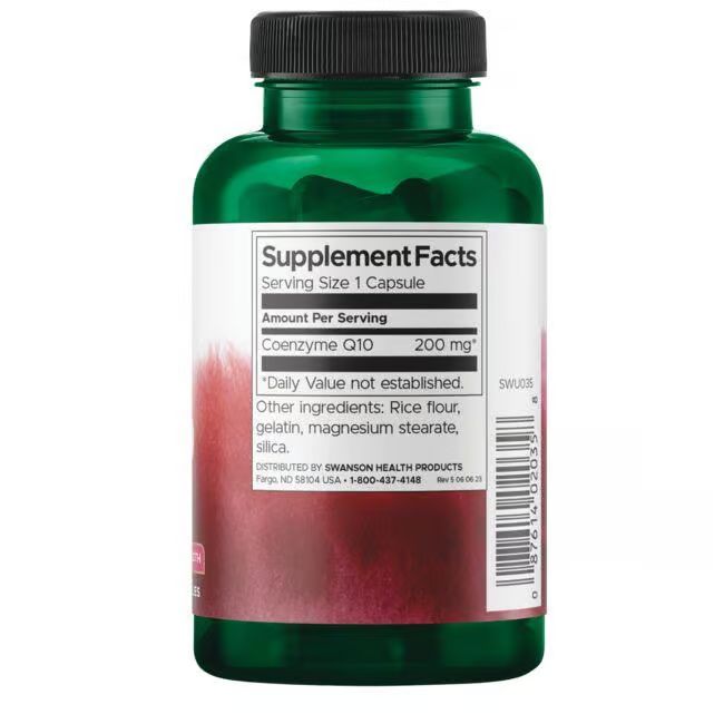 Dos du flacon vert. Étiquette avec informations nutritionnelles: Coenzyme Q10, 200 mg. Autres ingrédients: farine de riz, gélatine, stéarate de magnésium.