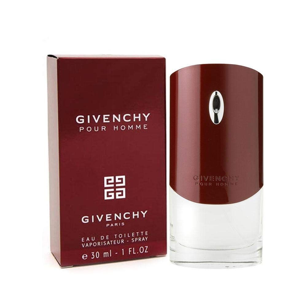 Rode doos en fles. Opschrift: Givenchy Pour Homme. Eau de Toilette Spray. 30 ml.