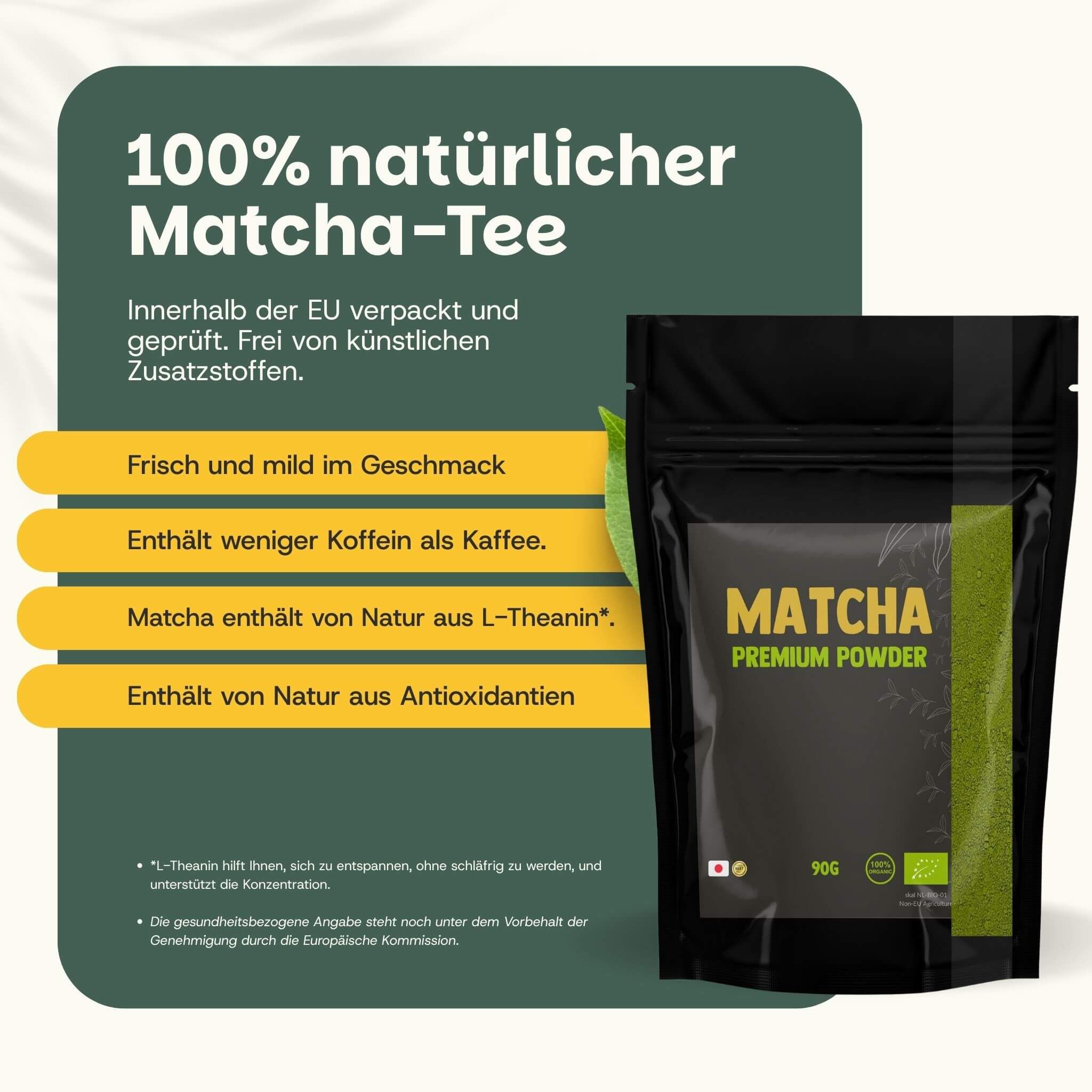 Zwarte zak met Matcha Premium Powder, 90g. Bevat biologisch keurmerk en EU-verpakkingsindicatie.