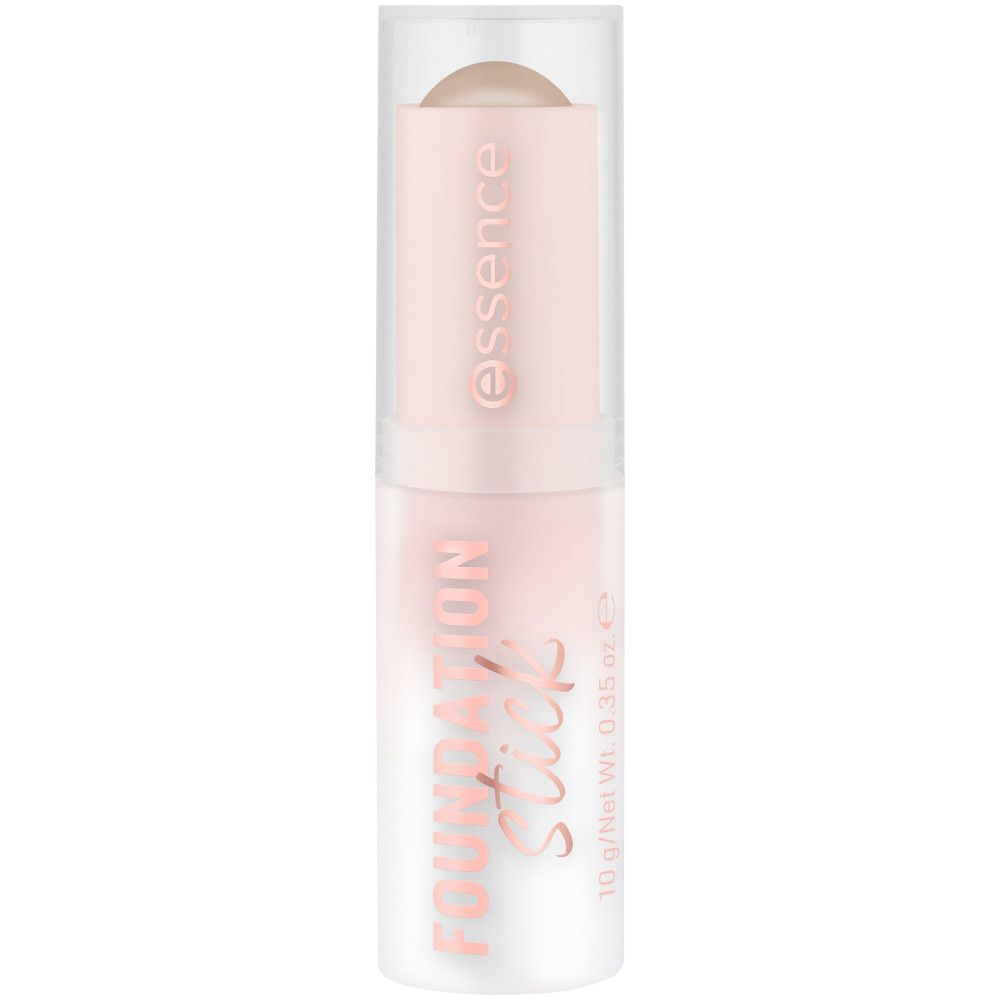Essence Foundation Stick. Roze-witte behuizing met productnaam en merk. Transparante dop. 10 g/Net Wt. 0.35 oz.