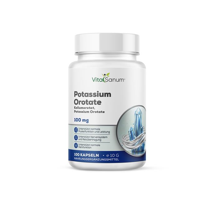 Witte fles met VitaSanum®-label. Opschrift: Kaliumorotaat, 100 mg. Bevat 100 capsules. Afbeelding van kristallen.
