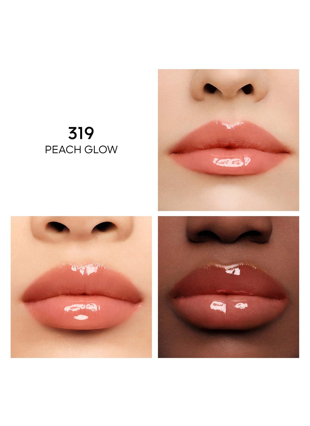 Quatre lèvres montrant le produit "319 PEACH GLOW". Différents tons de peau.