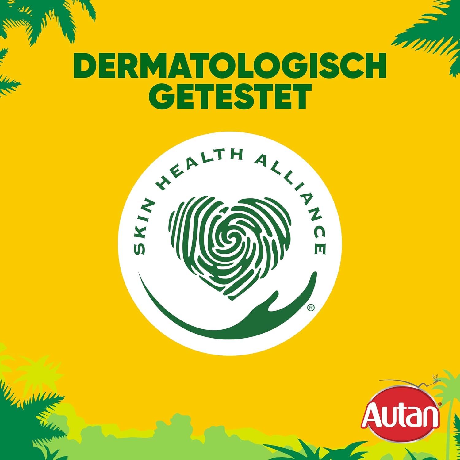 Fond jaune avec texte: Testé dermatologiquement. Logo Skin Health Alliance avec cœur d'empreintes digitales. Logo Autan.