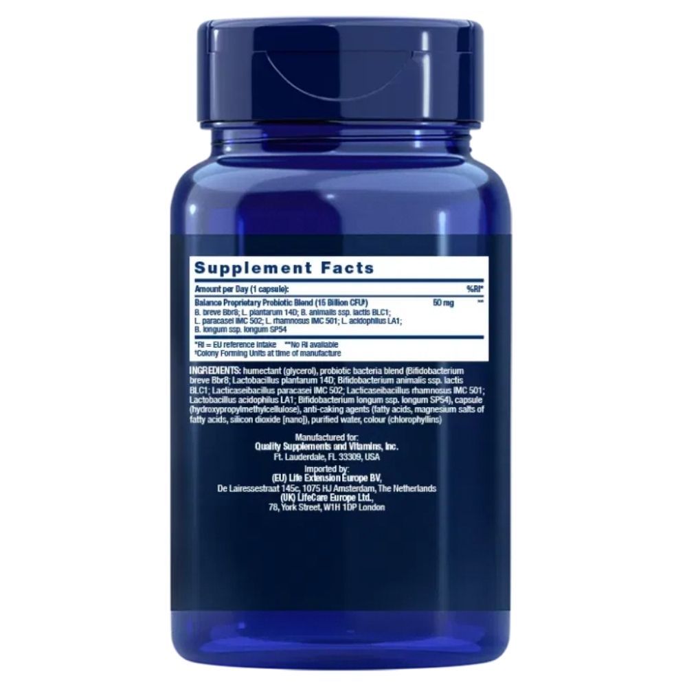 Achterkant van een blauwe container met Life Extension Florassist Balance supplementinformatie.
