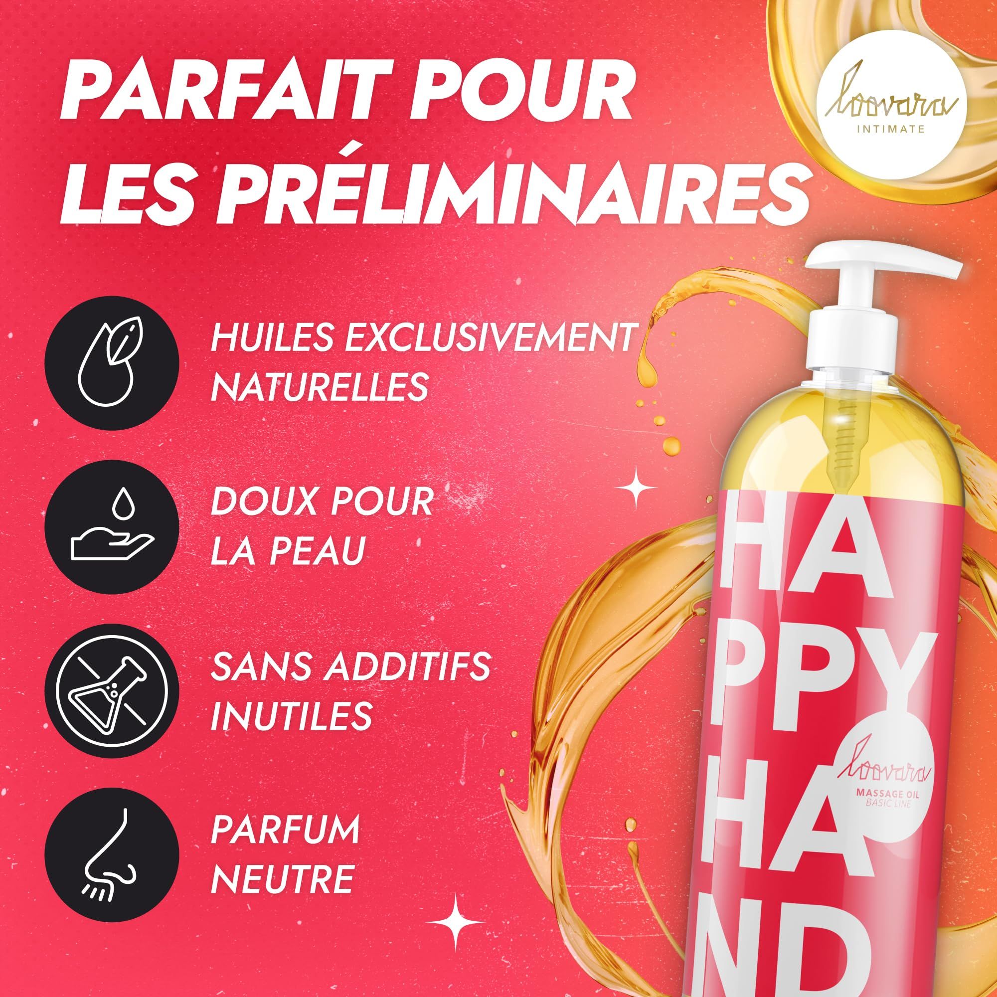 Bouteille d'huile de massage Loovara Happy Hand avec icônes pour 'Huiles Naturelles', 'Doux pour la Peau', 'Sans Additifs', 'Parfum Neutre'.