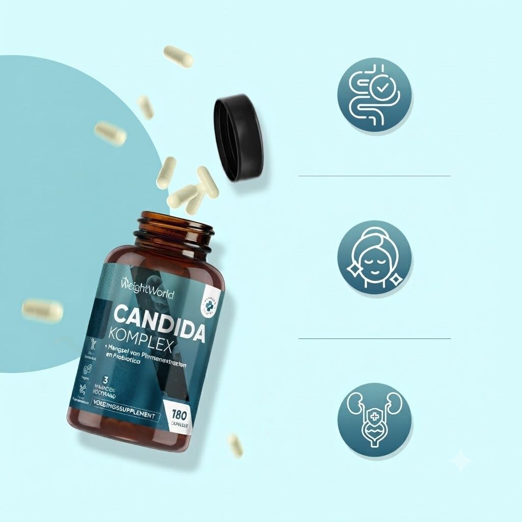 Bruine fles met "CANDIDA KOMPLEX" etiket, capsules vliegen eruit.