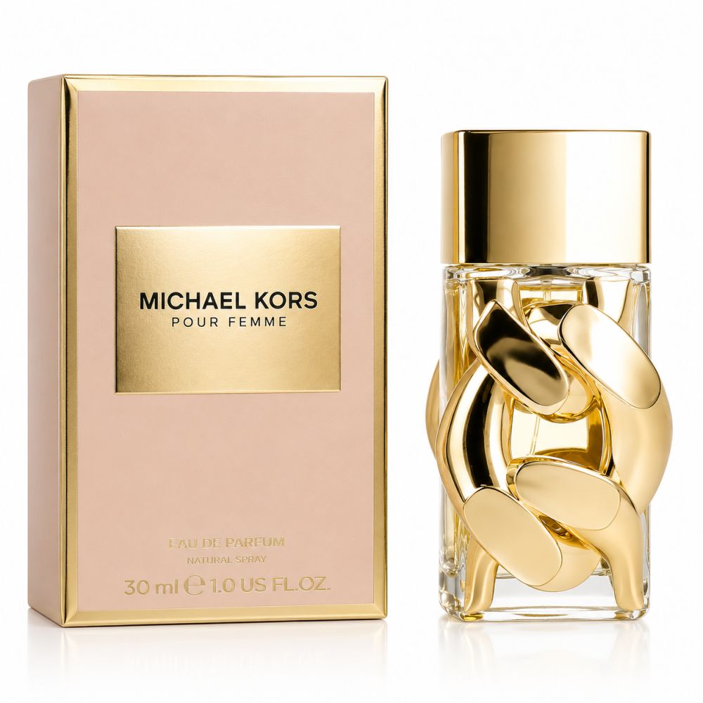 Flacon Michael Kors Pour Femme Eau de Parfum 30 ml à côté d'une boîte rose.