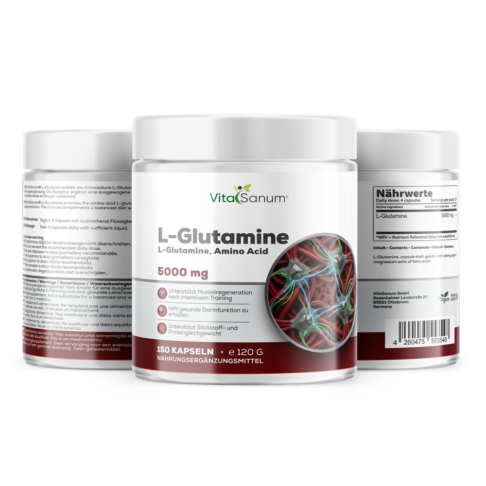 Drie witte potten met rood etiket. Opschrift: VitaSanum L-Glutamine, 5000 mg, 150 capsules, 120 g. Afbeelding van moleculen. Achterkant met voedingswaarde.