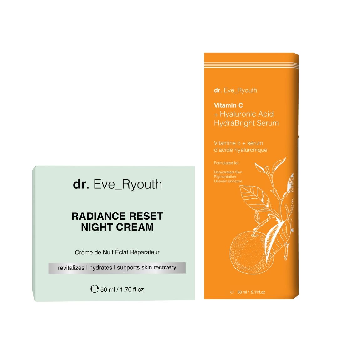 Pot 'Radiance Reset Night Cream' et boîte et flacon 'Vitamin C Serum'.