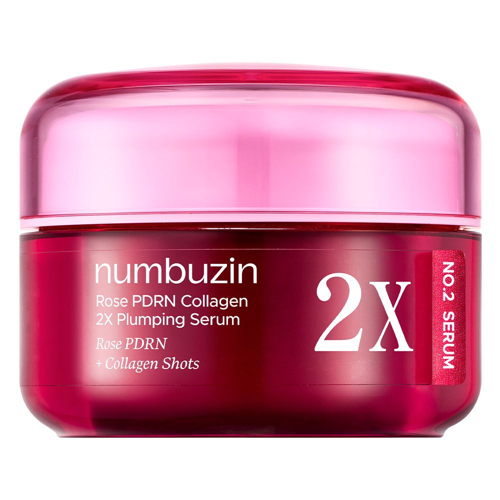 NUMBUZIN Nr.2 Rose PDRN Collagen 2X Plumping Serum in een rode pot met roze deksel.