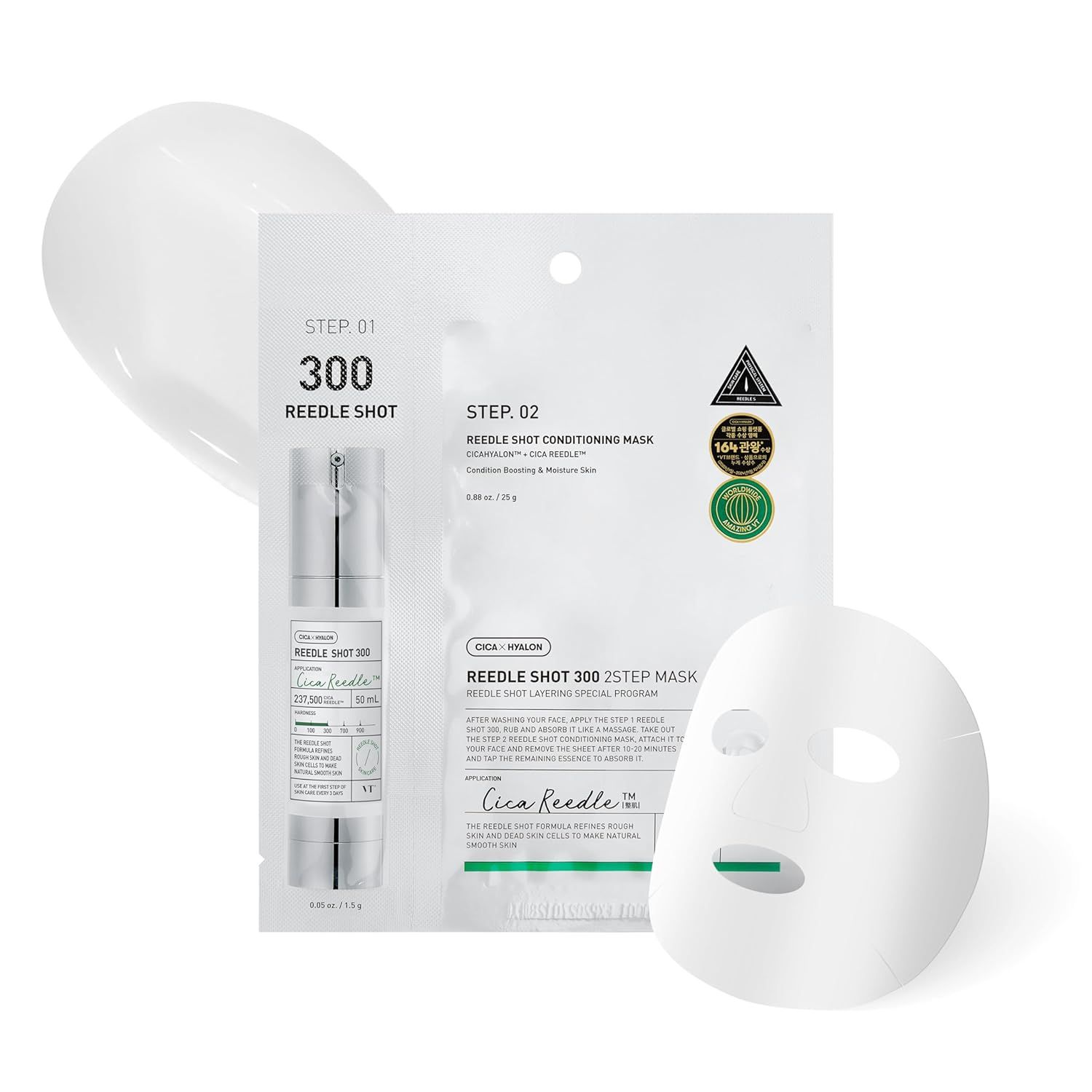 Emballage du produit avec crème et masque en feuille. Inscription : STEP 01, STEP 02. Produit : Reedle Shot 300 2 Step Mask.
