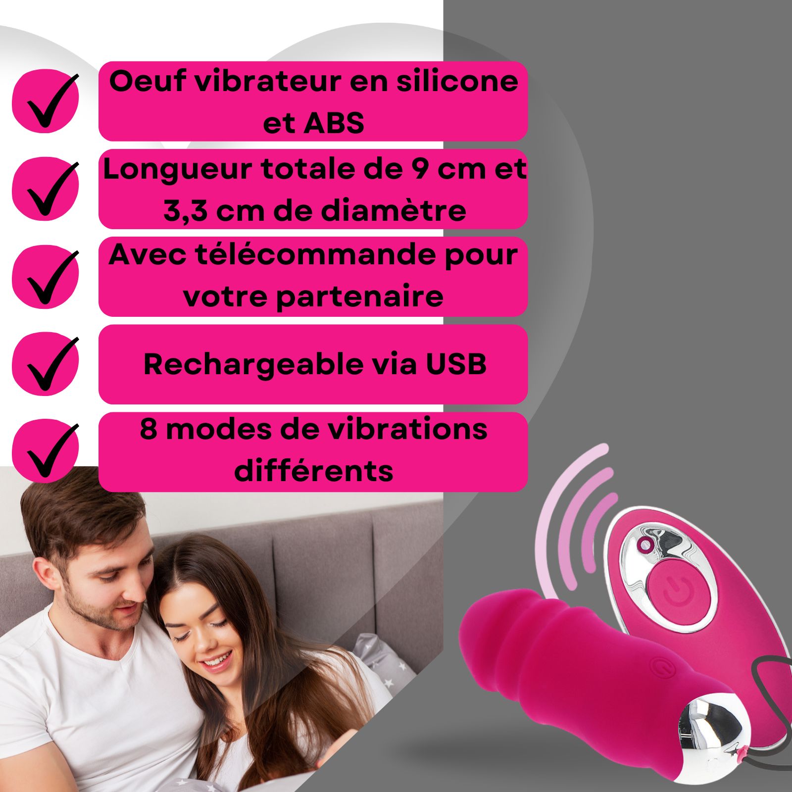 Oeuf vibrant rose, télécommande. Silicone et ABS. 9cm long, 3,3cm diamètre. Rechargeable USB.