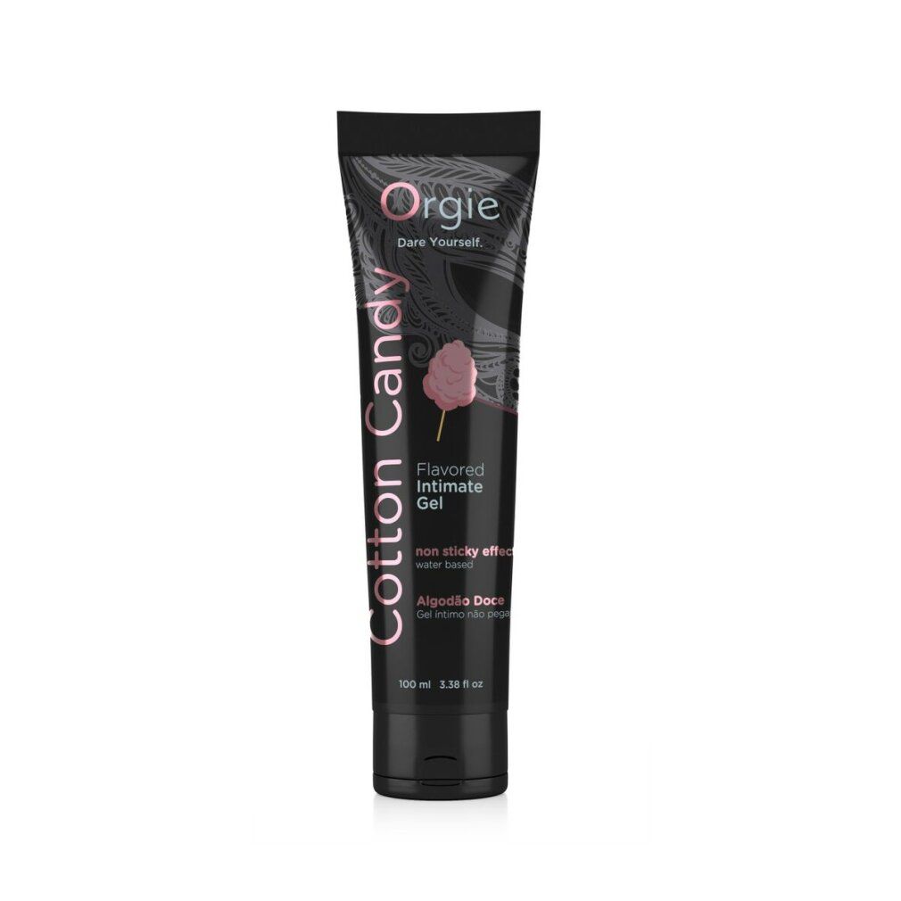 Zwarte tube met "Cotton Candy" en "Orgie". Roze tekst en logo. 100 ml.