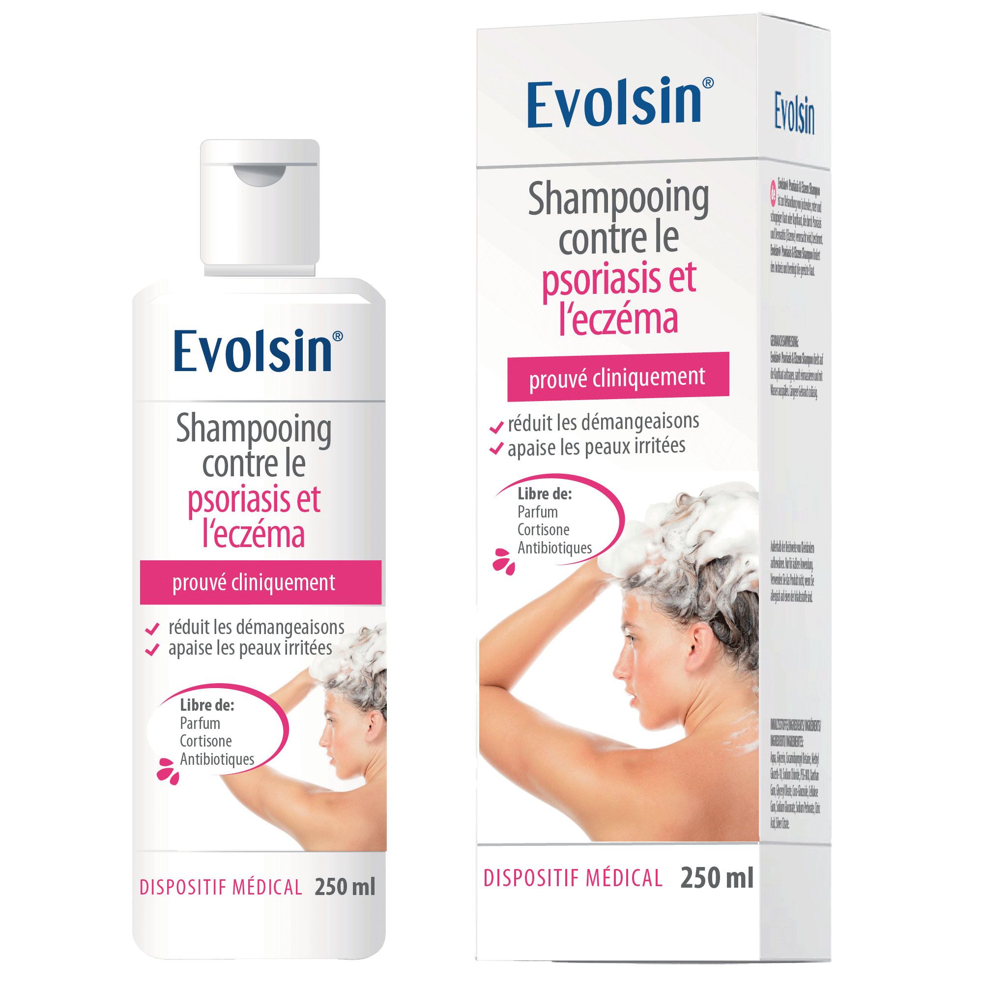 Emballage. Inscription : Evolsin Shampooing contre le psoriasis et l'eczéma. 250 ml. Dispositif médical.
