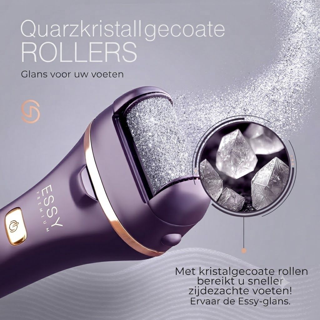 Paarse elektrische eeltverwijderaar met kwartskristal-gecoate rollers en gouden accenten.