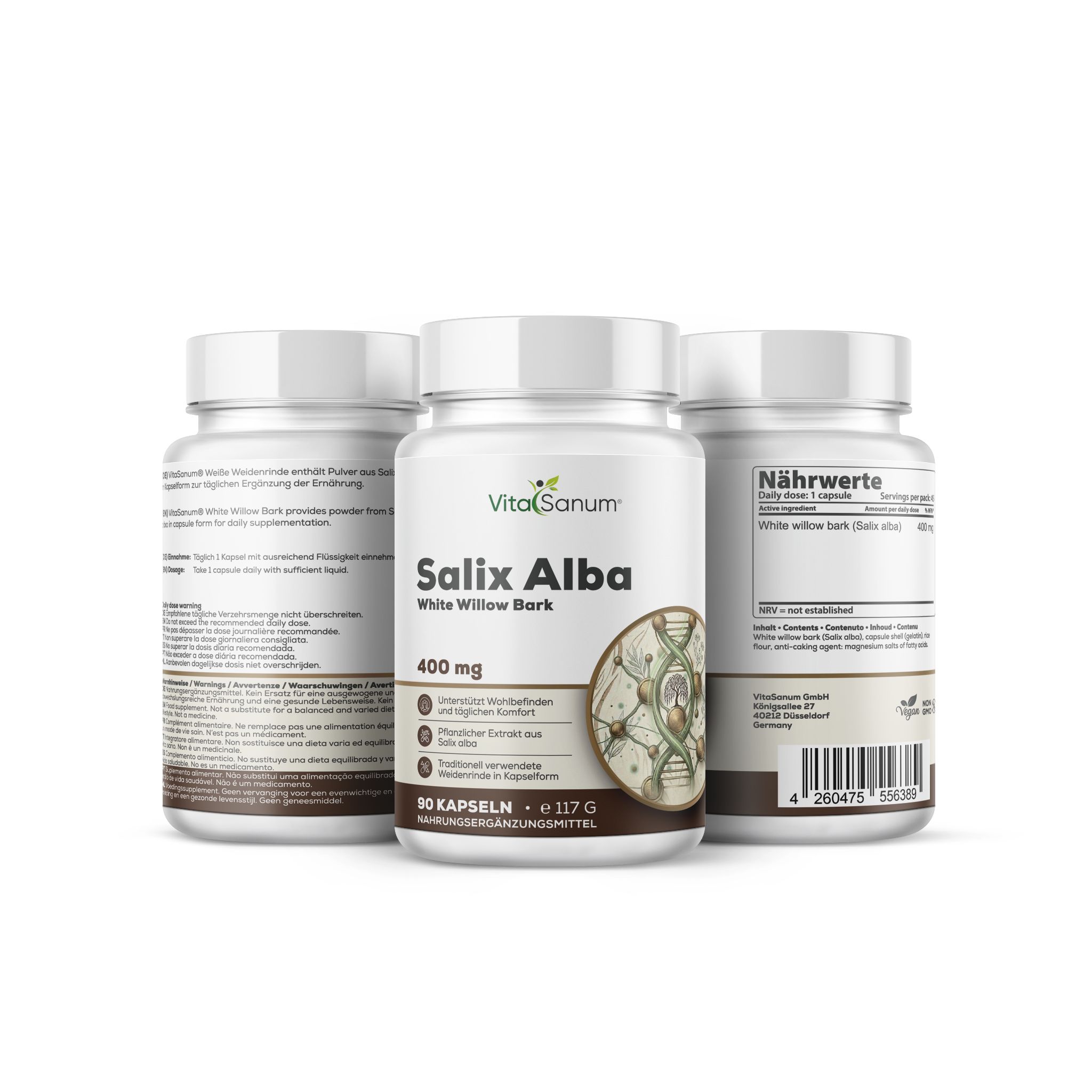 Gélules VitaSanum Salix Alba: Trois contenants d'écorce de saule blanc, 400 mg, 90 capsules.