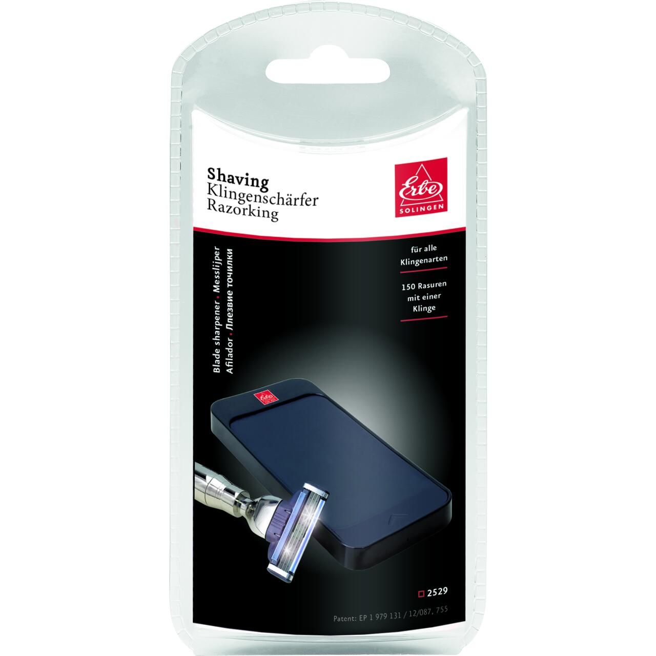 Emballage d'un affûteur de lames et d'un rasoir. L'affûteur est rectangulaire et bleu foncé.