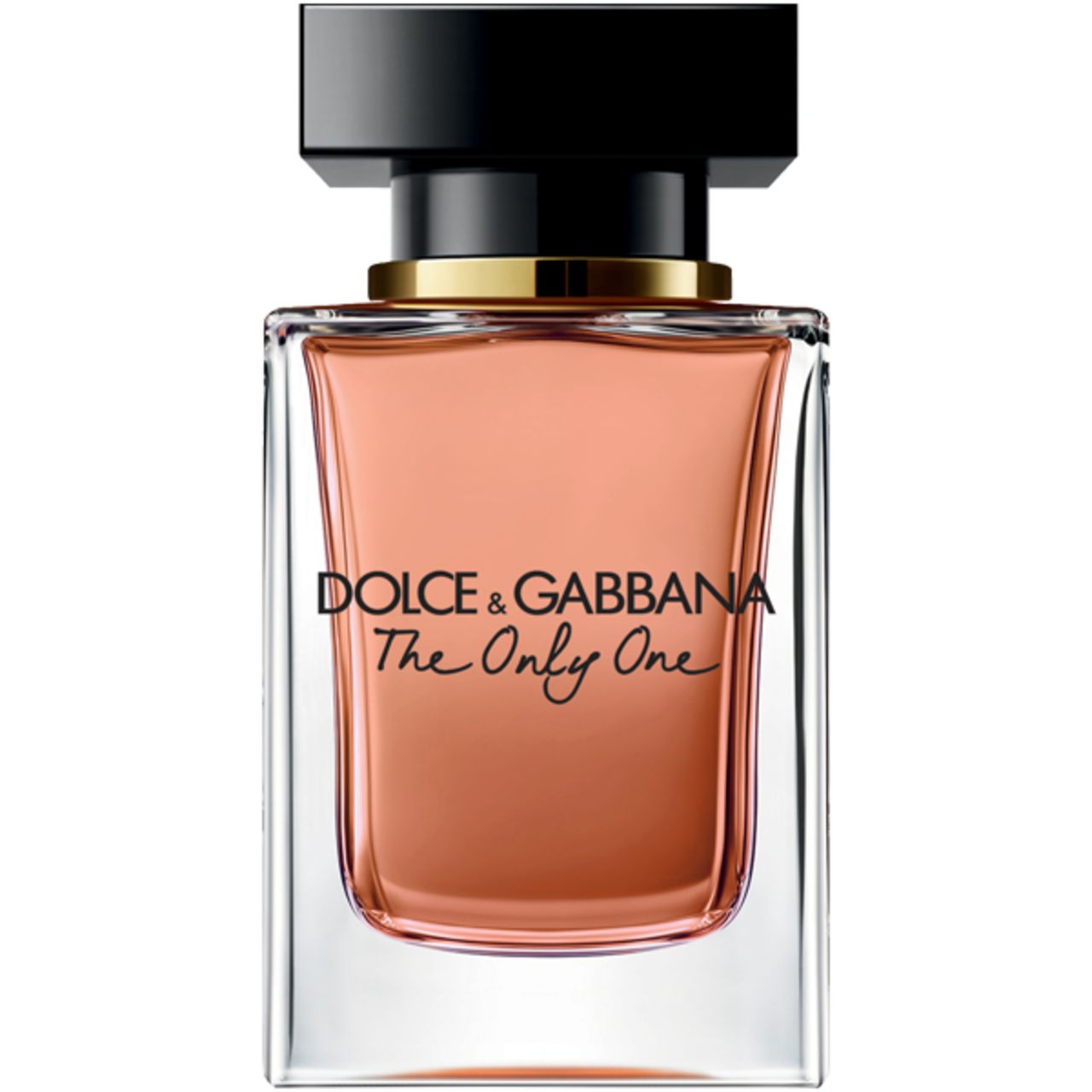 Parfumfles. Vierkante vorm, roze vloeistof, zwarte dop. Gouden ring om de hals. Tekst: Dolce & Gabbana, The Only One.