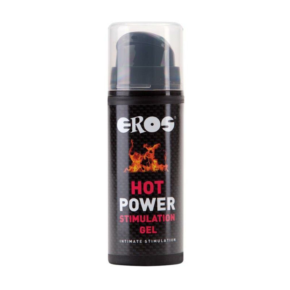 Flacon noir avec pompe doseuse. Inscription: EROS, HOT POWER STIMULATION GEL, Intimate Stimulation. Graphique de flammes.