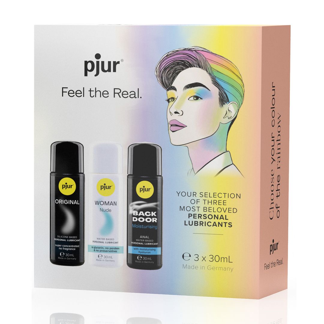 Pjur Pride Box met drie persoonlijke glijmiddelen van 30ml en een kleurrijke illustratie van een persoon.