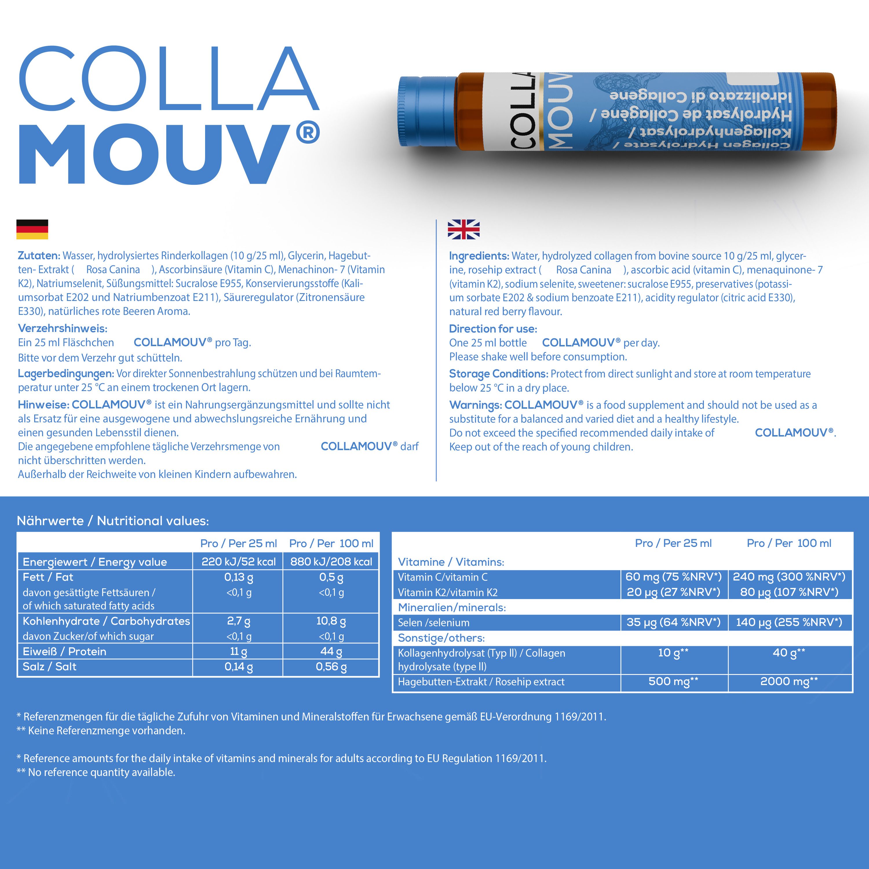 BHW Collamouv Original Kollagen : Flacon à boire individuel avec informations produit et nutritionnelles.