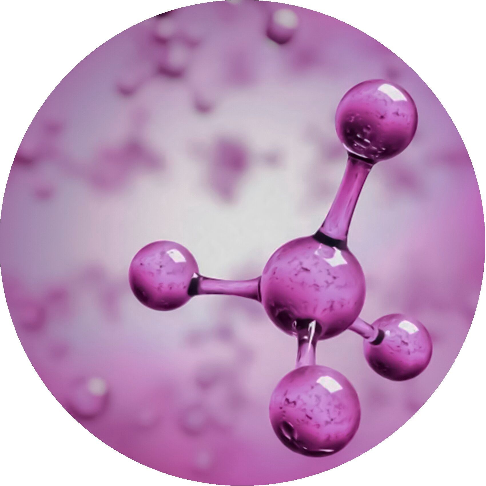 Image ronde d'une molécule violette. Composée de plusieurs sphères reliées par des tiges.