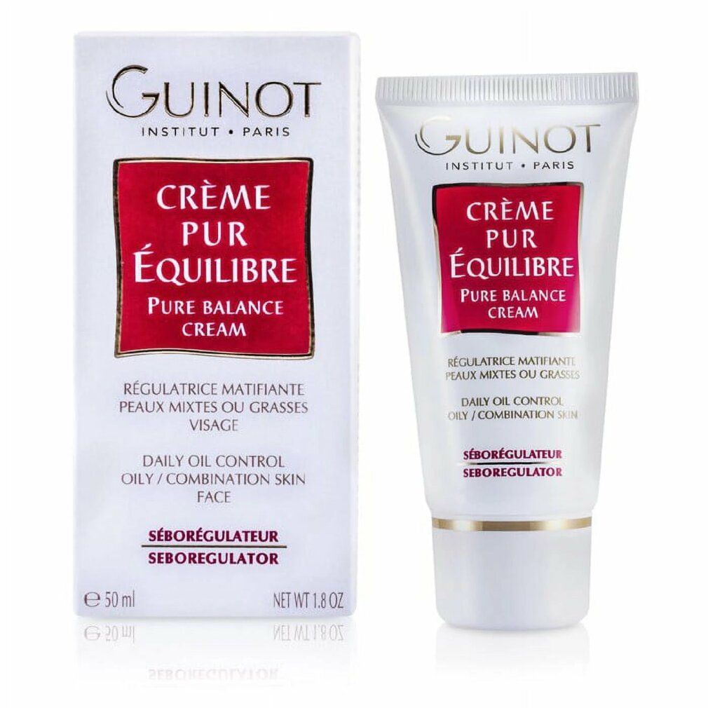 Emballage et tube. Texte: Crème Pur Équilibre, Pure Balance Cream, pour peaux mixtes. Marque Guinot.