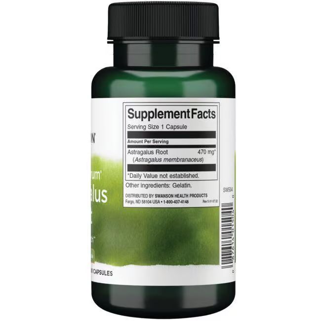 Achterkant van groene fles. Opschrift: Supplement Facts, Astragalus Root 470 mg, ingrediënten: gelatine.
