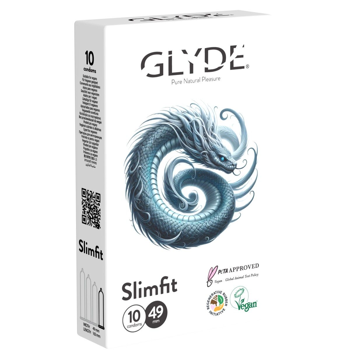 Boîte de 10 préservatifs Glyde Ultra Slimfit, avec un motif de dragon et le label Vegan.