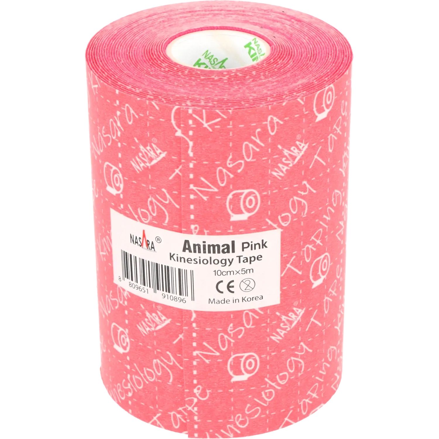 Rouleau de kinésiologie rose. Impression: Nasara Kinesiology Tape. Logo blanc. Étiquette avec informations produit.