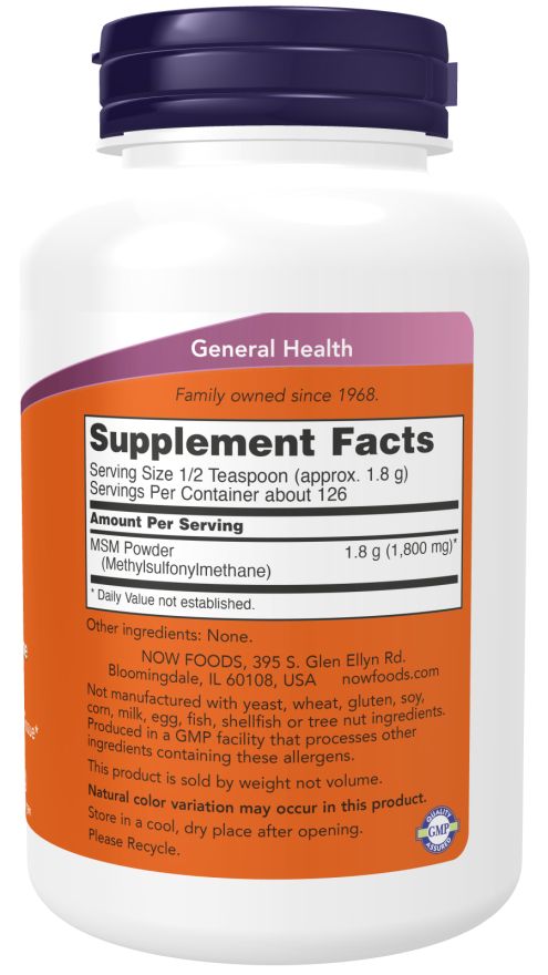 Dos du flacon. Étiquette orange avec informations nutritionnelles et ingrédients. Marque: NOW FOODS. Fond blanc.