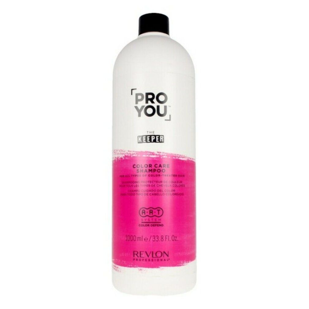 Witte en roze shampoo fles met zwarte dop. Opschrift: PRO YOU, THE KEEPER, COLOR CARE SHAMPOO, Revlon Professional.