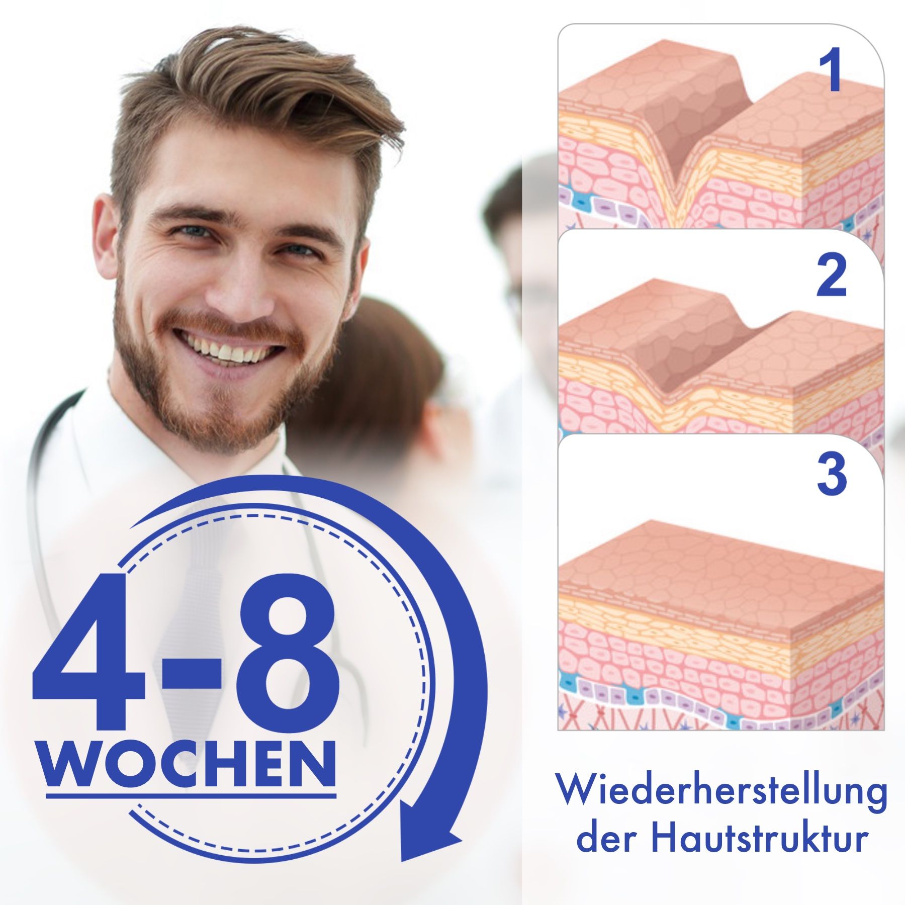 Dokter glimlacht. Diagram: huidlagen, littekenvermindering. Tekst: 4-8 weken. Herstel van de huidstructuur.