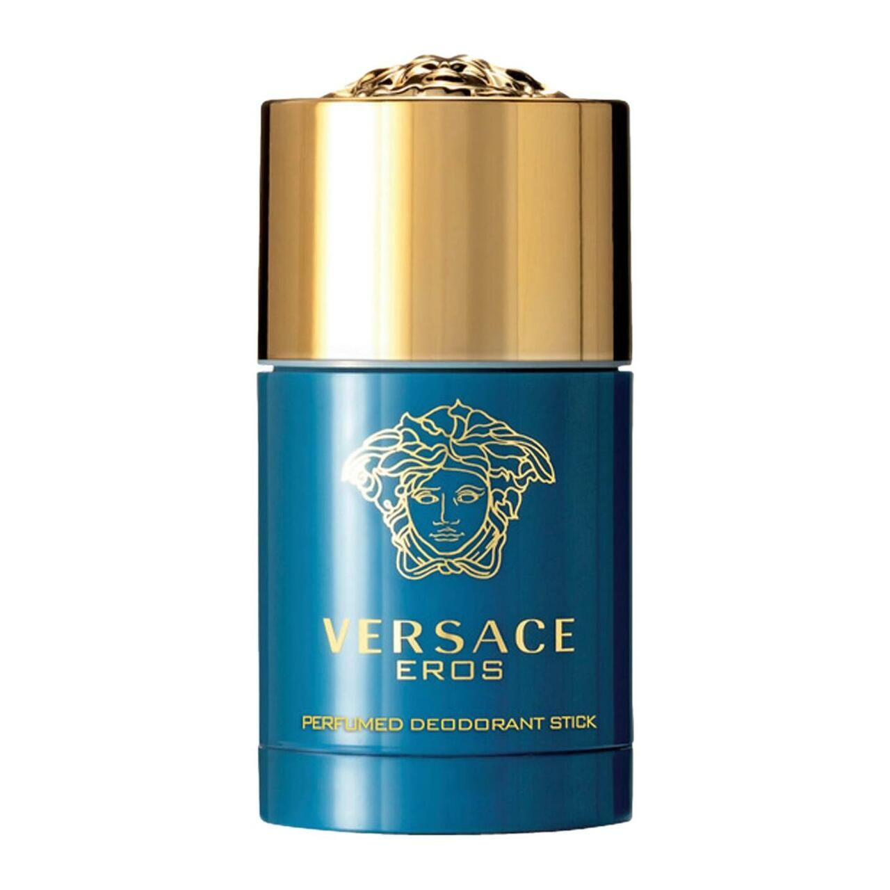 Blauwe deodorantstick met gouden dop. Opschrift: Versace Eros. Deodorant Stick. Gouden Medusa.