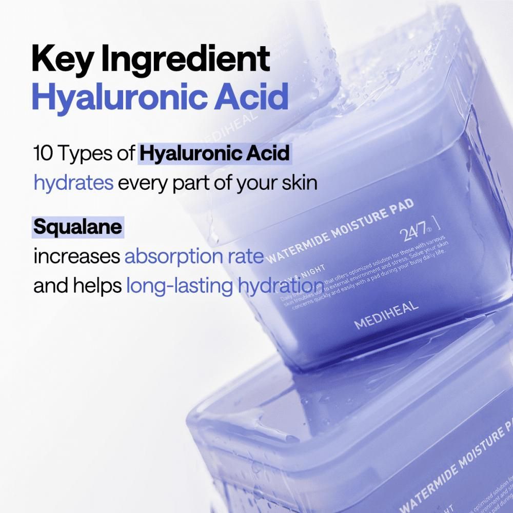 Deux boîtes carrées. Inscription : Watermide Moisture Pad, 24/7. Texte : Acide hyaluronique, Squalane. Emballage bleu.