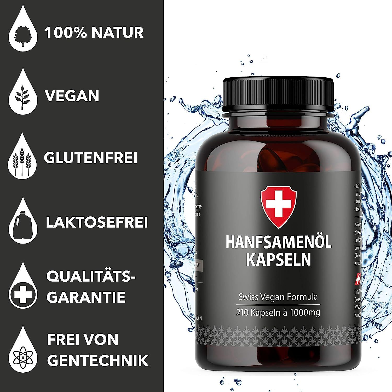 Bruine fles met zwarte dop. Opschrift: Hanfsamenöl Kapseln. Swiss Vegan Formula. 210 capsules à 1000mg. Zwitsers kruis. Logo's: 100% Natuurlijk, Vegan, Glutenvrij, Lactosevrij.