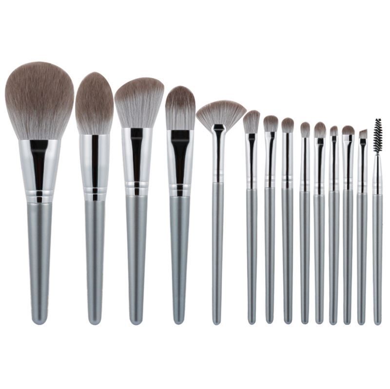 Set make-up borstels met zilveren handvatten en diverse borstelkoppen. Gerangschikt op witte achtergrond.