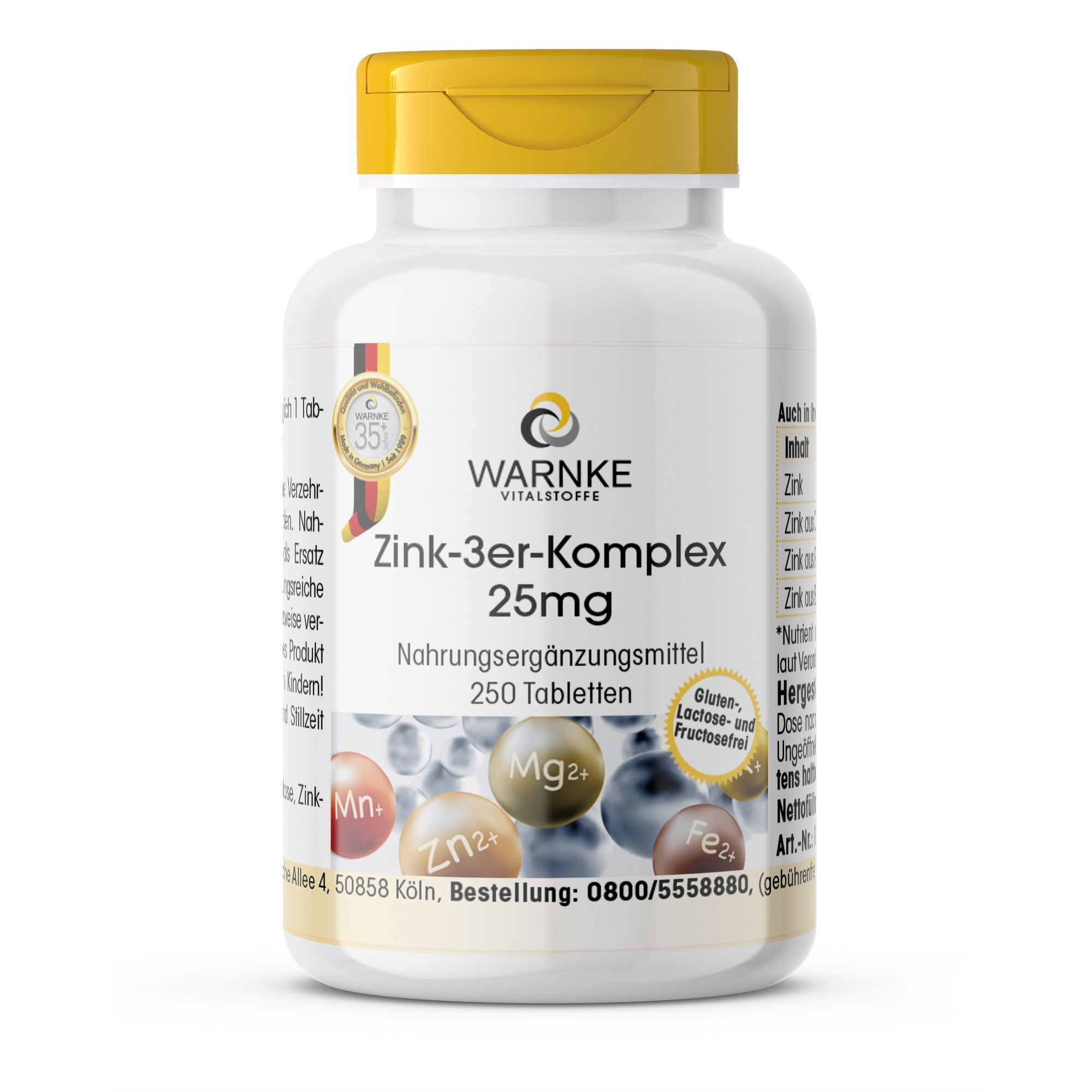 Witte fles met gele dop. Opschrift: Warnke Vitalstoffe Zink-3er-Komplex 25mg, 250 tabletten. Met certificeringen.